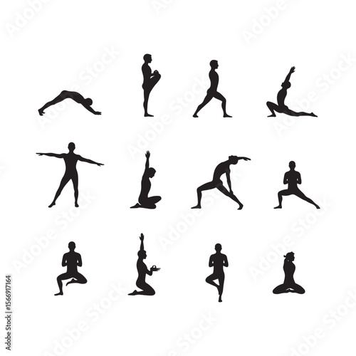 Black Silhouettes of Yoga Poses on White Background