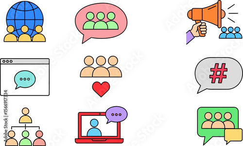 Social media marketing strategy and communication network vector icons set