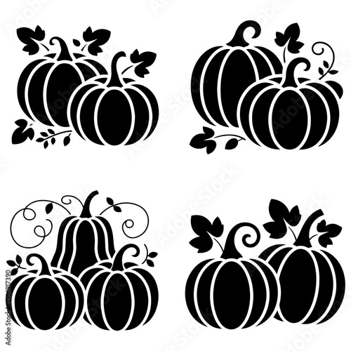 Four sets of pumpkins with leaves and vines black