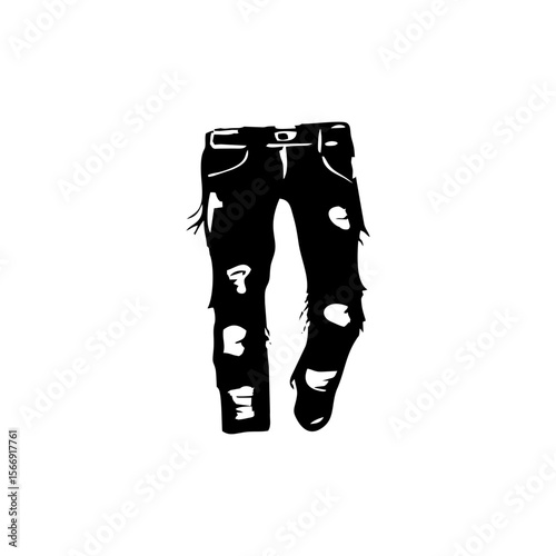 Distressed ripped jeans in black vector doodle style on transparent background, suitable for fashion icons, youth style blogs, or alternative clothing labels