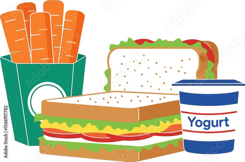 Healthy lunch box with sandwich carrots and yogurt for school kids and adults