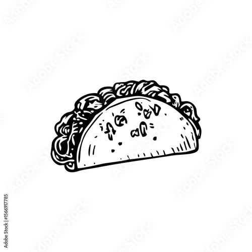 Traditional taco sketch in black doodle style on transparent background, perfect for Mexican cuisine menus, food blogs, street food flyers, and cultural illustrations