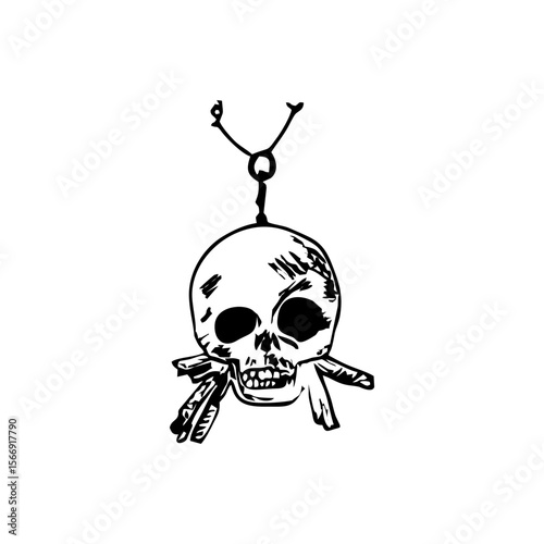 Hanging gothic skull pendant in expressive black doodle style on transparent background, ideal for Halloween merch, punk design, and alternative subculture visuals