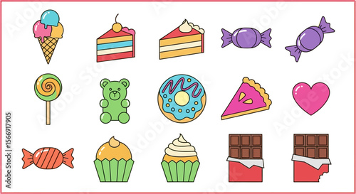 Colorful sweets and desserts illustration for kids and children design art