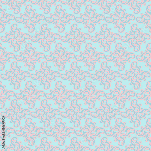 Elegant seamless baroque style damask pattern in soft pastel teal and lavender tones. A perfect repeating background for textile prints, wallpaper, and elegant digital design needs.
