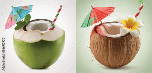 Two refreshing tropical coconuts with colorful umbrellas and straws