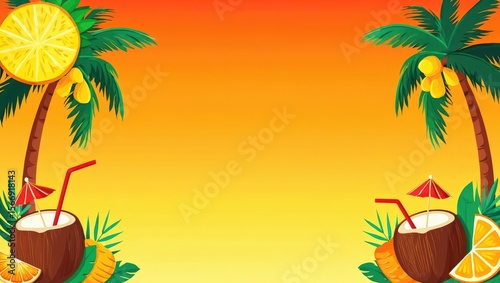 Vibrant tropical sunset scene with palm trees, orange sky, coconuts, and lemon slice. Summer holiday mood perfect for beach party posters or menus. Generative AI.