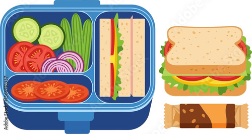 Healthy lunchbox ideas sandwich vegetables and protein bar for kids adults
