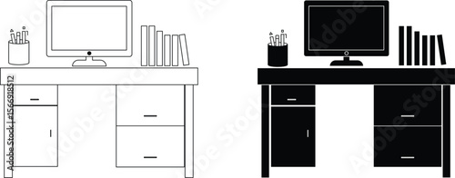Minimal Office Desk Icon – Computer Monitor, Books, and Workspace Setup in Line and Solid Style