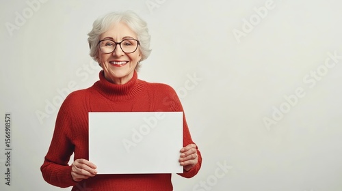 Smiling senior with empty sign, isolated.