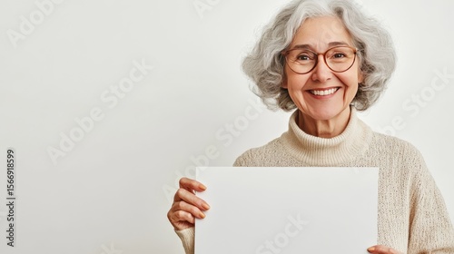 Happy senior woman with blank ad board on white.