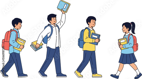 Cartoon students walking to school with backpacks and books vector illustration