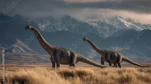 various plant-eating dinosaurs live in the mysterious grasslands in the middle of the valley. Advertising Photography 4K