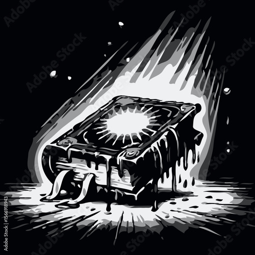Melting book in black and white surreal style
