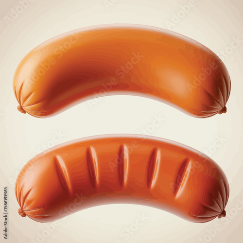 Two realistic juicy sausages one grilled and one plain on a light background