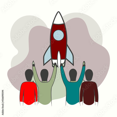 Teamwork collaboration for rocket launch - flat vector illustration
