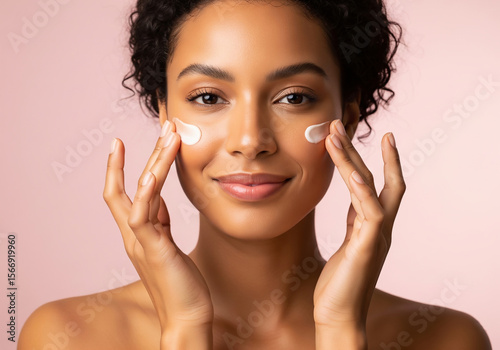 A young woman with curly hair smiled softly as she applied cream to her face. She gently massaged the cream into her cheeks with her fingers.