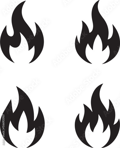 Fire Flame Icon Set - Abstract Black Vector Symbols of Heat and Energy

