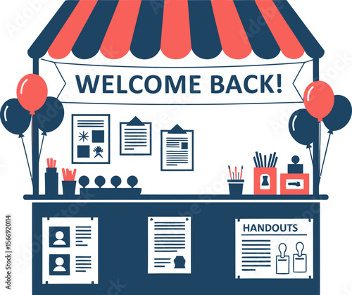 Welcome back event booth with balloons and handouts vector illustration