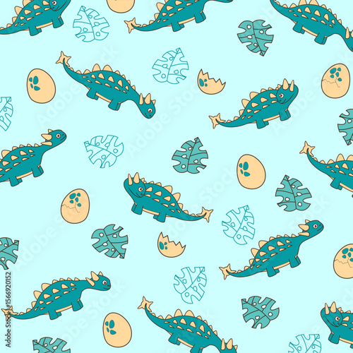 green background illustration vector seamless  cartoon design of cute ankylasaurus dinosaur for kids apparel