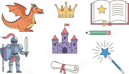 Vector illustration of fairytale elements crown dragon castle and knight