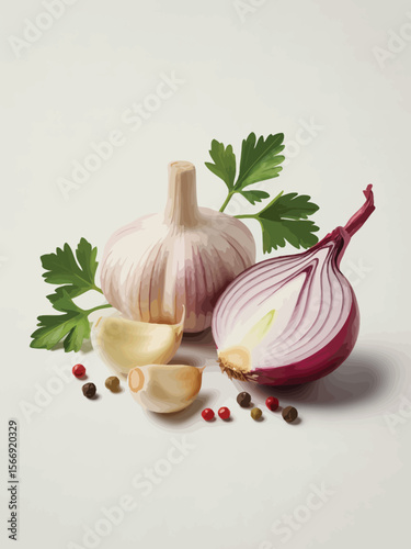 Fresh garlic onion parsley and peppercorns on a white background