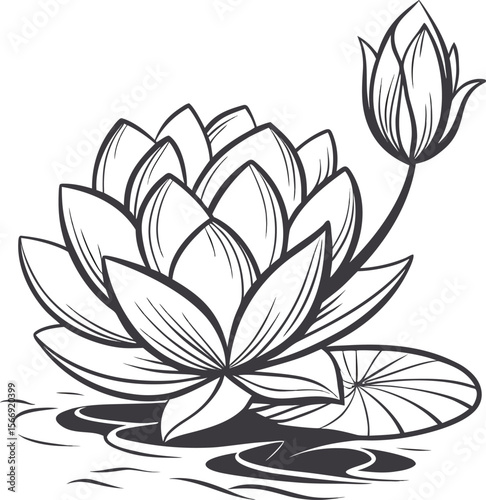 Elegant Lotus Flower Line Art Illustration Botanical Drawing of Water Lily
