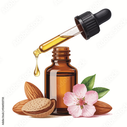 Almond oil bottle with dropper and almonds with flower and leaves