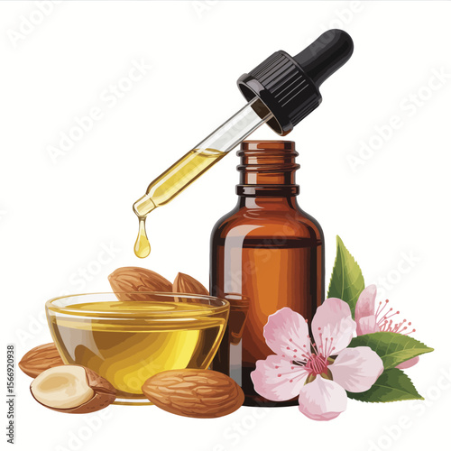 Almond oil extraction from nuts with dropper and flowers for beauty and health