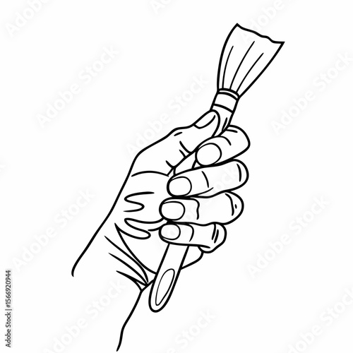 Hand holding paintbrush, line art drawing, monochrome, for design projects