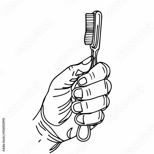 Hand holding toothbrush, line art style, monochrome, for dental hygiene promotion