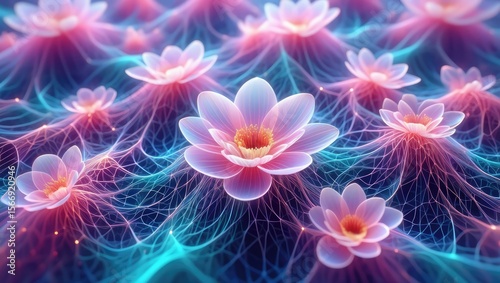 Electric lotus flowers bloom in neon pink and blue, set against dark space with glowing net lines. Meditative, surreal, and vivid. Generative AI.