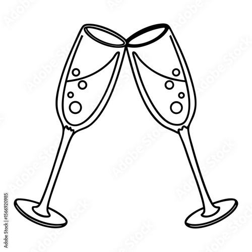 Champagne flutes toast, black and white line art, for celebrations