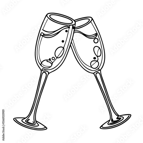 Champagne flutes toast, monochrome line art, celebration graphic