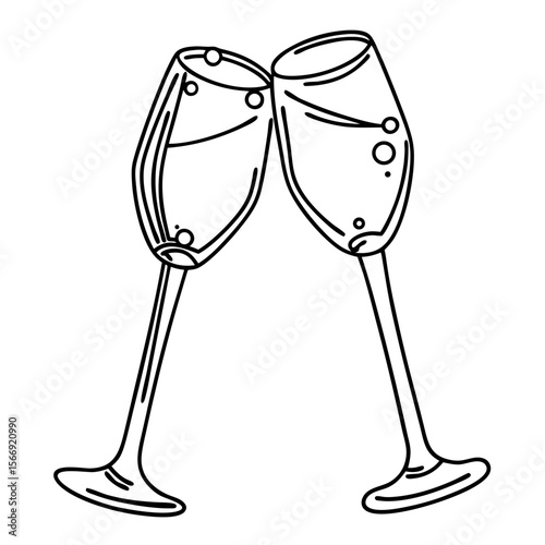 Champagne flutes toast in line art style, for celebrations
