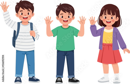Cartoon kids waving vector illustration happy children school friends group
