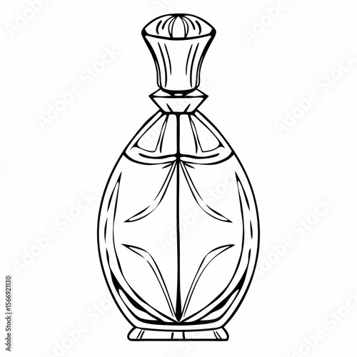 Elegant perfume bottle drawing, black and white, for beauty product packaging