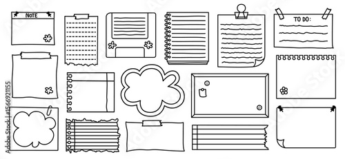 Collection of blank note templates in doodle style. Set includes ripped paper sheets, sticky notes, notebooks, memo boards, and reminders. Perfect for planners, journaling, and creative projects.