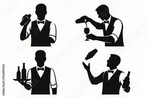 Bartender Silhouette Vector Set – Professional Mixology Figures on White Background