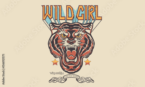 Be strong artwork. Tiger face print design for apparel, stickers, posters and background. Wild girl design.