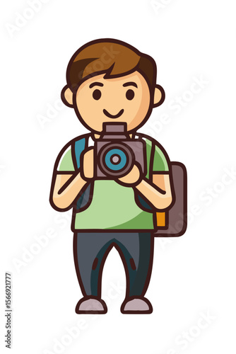 Cartoon male tourist holding camera and backpack