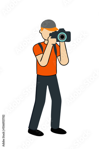 Man with camera taking photo in standing pose