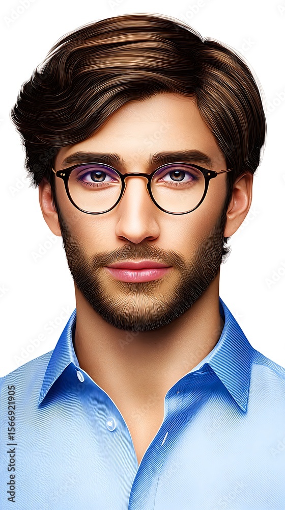 Close-up of a man wearing a light blue shirt and glasses. Close-up of a man wearing a light blue shirt and glasses.