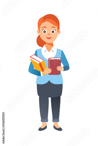 Red-haired teacher holding books and smiling