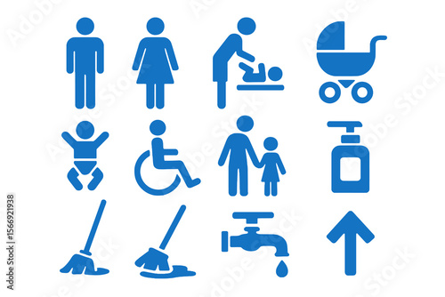 Printable blue sticker set with 12 washroom icons on white. Baby, family, cleaning tools, direction arrows for bathrooms and change rooms.