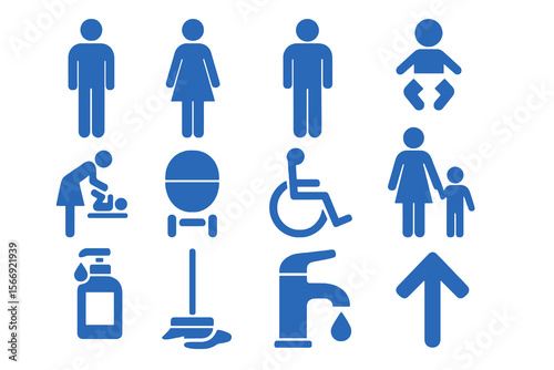 12 blue restroom icons for stickers. Text labels, baby, accessibility, cleaning, hygiene and direction symbols for clear signage.