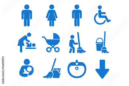 Printable blue sticker set with 12 washroom symbols. Family-friendly, cleaning, hygiene, direction for restrooms and change rooms.