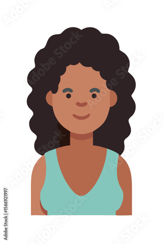 Smiling woman with voluminous curly hair in green top