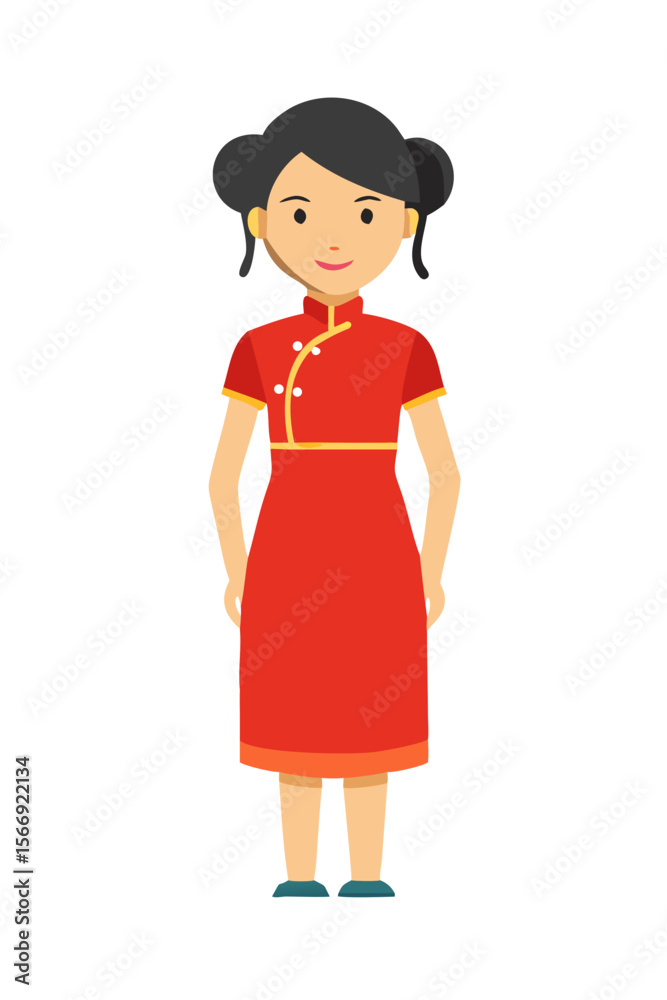 Cartoon female character in red traditional Chinese outfit Cartoon female character in red traditional Chinese outfit