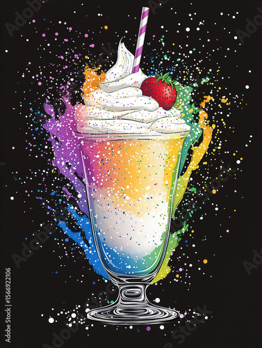 Ein fruchtig-frischer Eisbecher in hohem Glas mit fluffiger Sahnehaube und frischer Erdbeere, Regenbogenspritzer dahinter, schwarzer Hintergrund, Hochformat